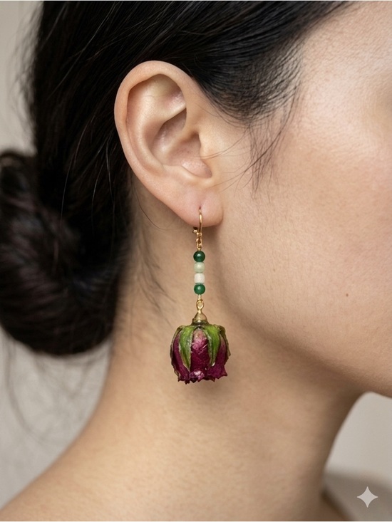 Jewelry - Earrings with Green Beads and Dried Rosebud Accent